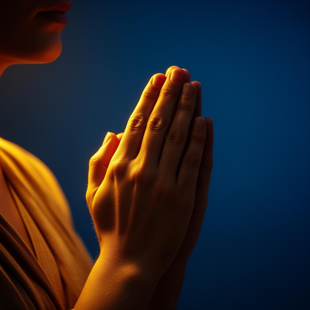 Praying hands in golden light